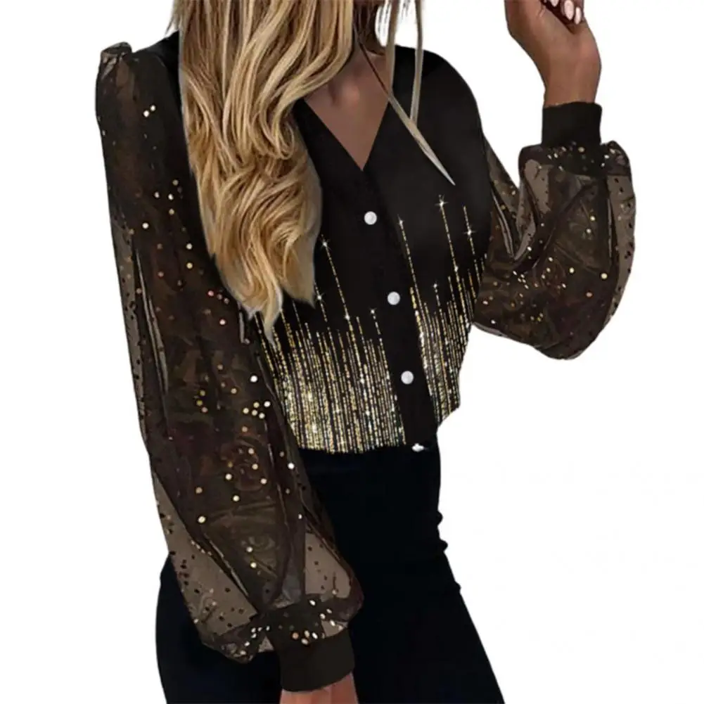 Chic Autumn Shirt All-Match V-Neck Lantern Sleeve Glitter Edge Patchwork Autumn Shirt Casual Shirt See-through 
Chic Autumn Shirt All-Match V-Neck Lantern Sleeve Glitter Edge Patchwork Autumn Shirt Casual Shirt See-through