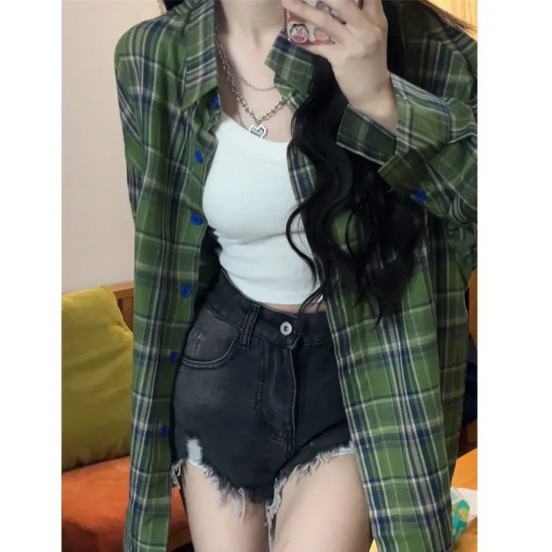 Plaid fairy grunge green top Vintage Oversized green women shirt Cotton Checked Lady Outwear autumn News
Plaid fairy grunge green top Vintage Oversized green women shirt Cotton Checked Lady Outwear autumn News
