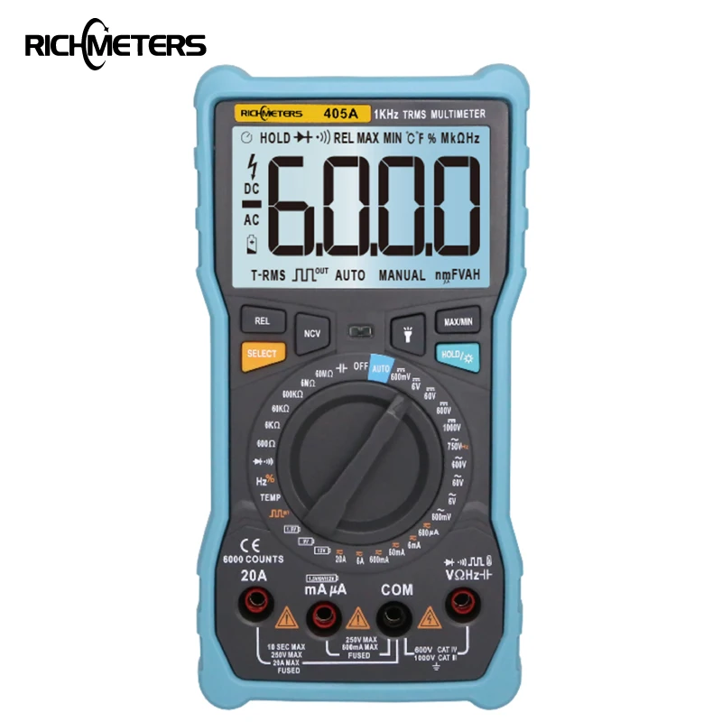 Цифровой мультиметр RICHMETERS 405A, автоматический/ручной квадратный вольтметр с разрешением 6000 отсчетов, напряжение переменного/постоянного тока, сопротивление, температура, 20 А
Цифровой мультиметр RICHMETERS 405A, автоматический/ручной квадратный вольтметр с разрешением 6000 отсчетов, напряжение переменного/постоянного тока, сопротивление, температура, 20 А