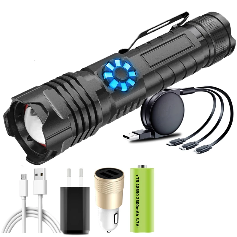26650 Battery Stepless Dimming XHP180 Led Flashlight Type-C USB Rechargeable Powerbank Torch Aluminum Zoomable Lantern
26650 Battery Stepless Dimming XHP180 Led Flashlight Type-C USB Rechargeable Powerbank Torch Aluminum Zoomable Lantern