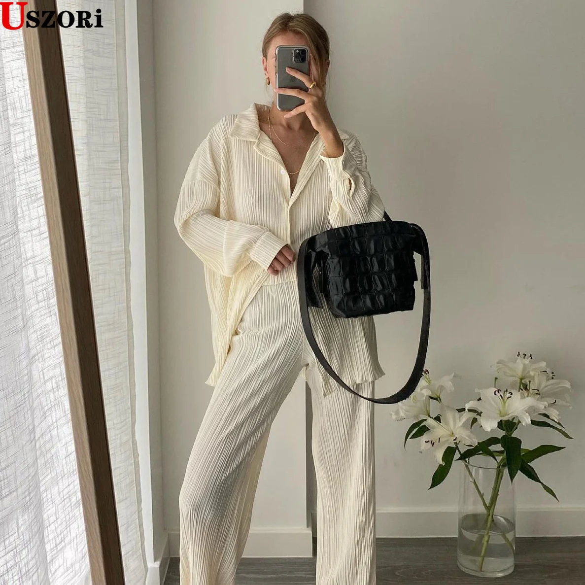 Women Causal Loose Home Suit Long Sleeve Blouse High Wasit Pants Set Ladies Elegant Pleated 2Piece Pant Sets Outfit Matching Set
Women Causal Loose Home Suit Long Sleeve Blouse High Wasit Pants Set Ladies Elegant Pleated 2Piece Pant Sets Outfit Matching Set
