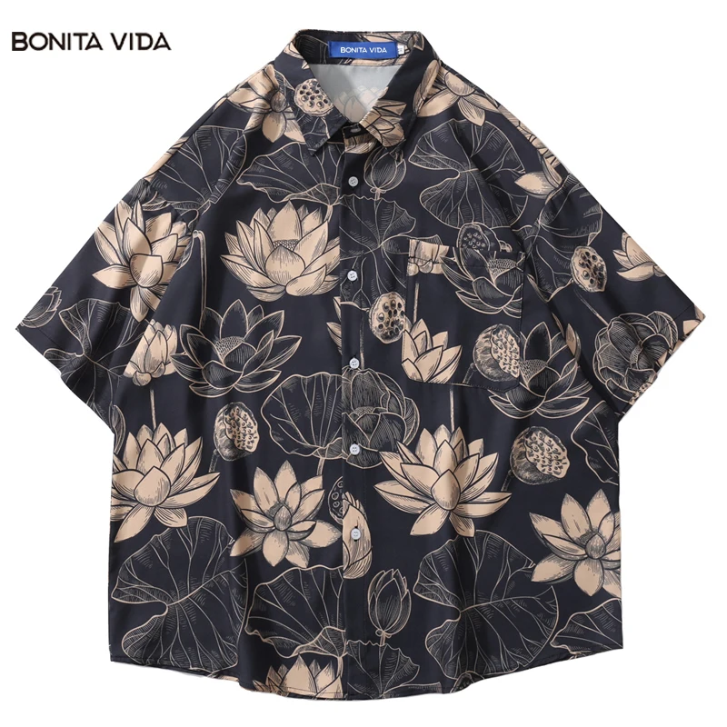 

Retro HK Wind Full Short Sleeve Loose Casual Shirt Men For Summer Flower Lotus Leaf Print Harajuku Couple Hawaiian Beach Shirts