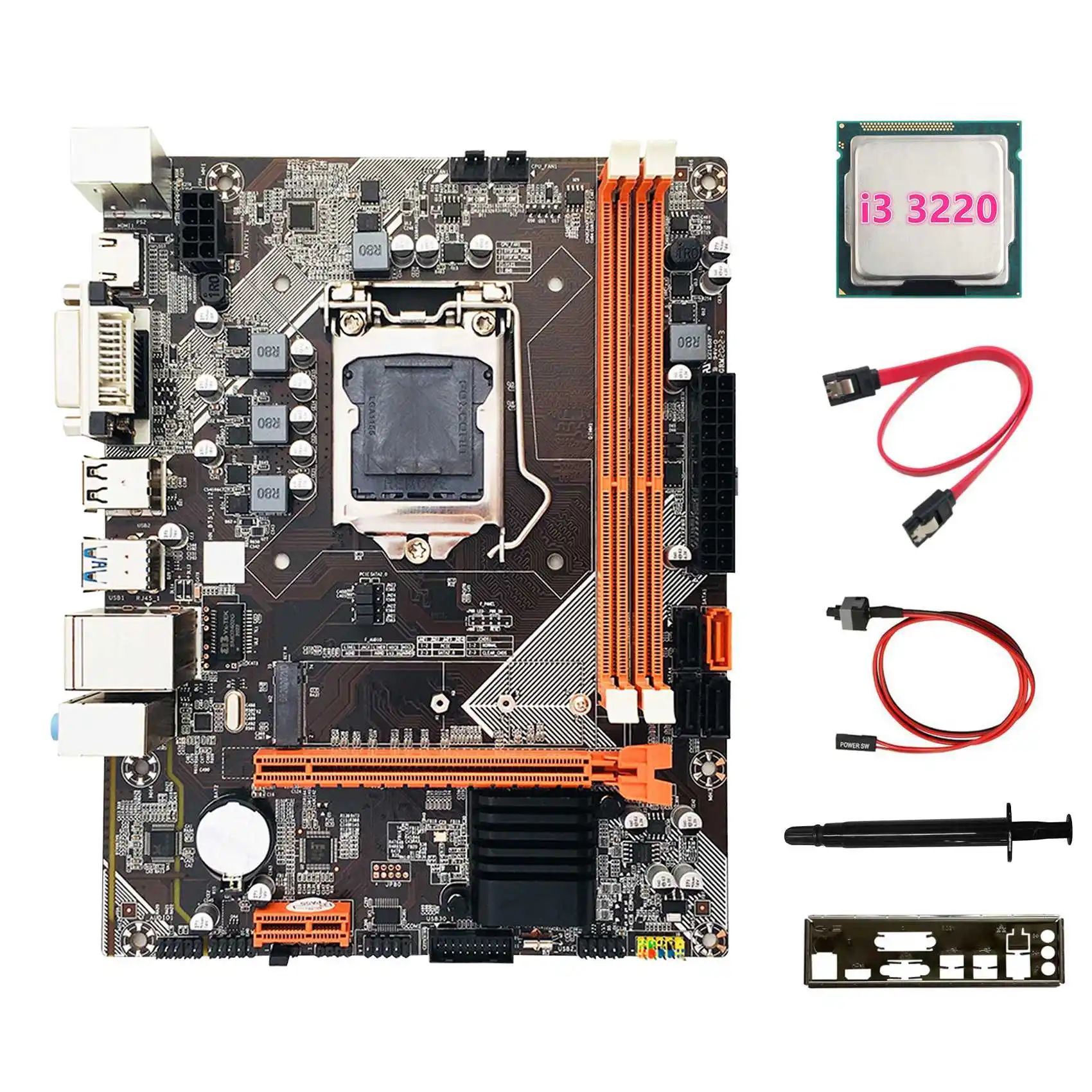 B75 Desktop Motherboard+I3 3220 CPU+SATA Cable+Switch Cable+Thermal Grease+Baffle M.2 NVME LGA 1155 for Intel I3 I5 CPU
B75 Desktop Motherboard+I3 3220 CPU+SATA Cable+Switch Cable+Thermal Grease+Baffle M.2 NVME LGA 1155 for Intel I3 I5 CPU
