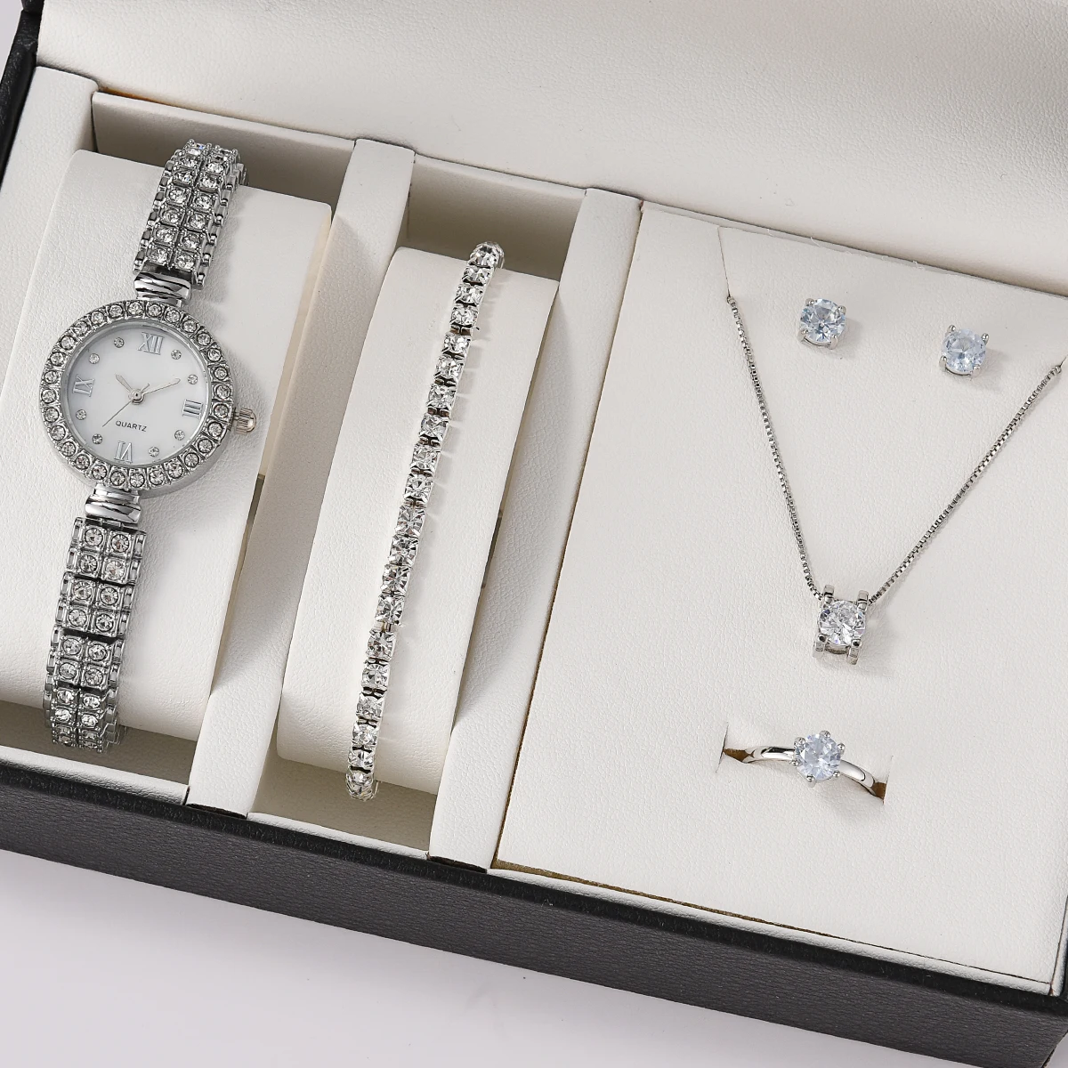 Gold Women Quartz Watch Luxury with Diamonds Simple Stainless Steel Strap Clock Ring Necklace Earrings Rhinestone Set (no Box)
Gold Women Quartz Watch Luxury with Diamonds Simple Stainless Steel Strap Clock Ring Necklace Earrings Rhinestone Set (no Box)
