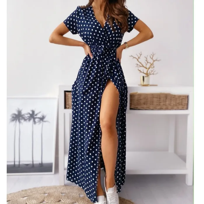 Экспресс-мода, сексуальное платье в горошек с V-образным вырезом, круглым вырезом, разрезом, коротким рукавом, богемное платье 
Экспресс-мода, сексуальное платье в горошек с V-образным вырезом, круглым вырезом, разрезом, коротким рукавом, богемное платье