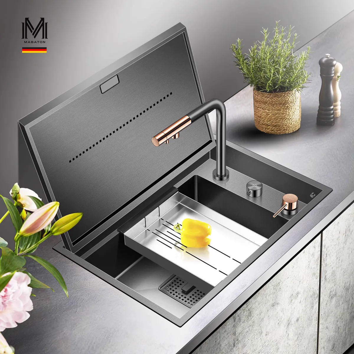 ASRAS 6443NG Flip Cover Invisible Kitchen Sink Intelligent Lifting Faucet Sunken Under-mount Black Nano Vegetable Washing Basin
ASRAS 6443NG Flip Cover Invisible Kitchen Sink Intelligent Lifting Faucet Sunken Under-mount Black Nano Vegetable Washing Basin