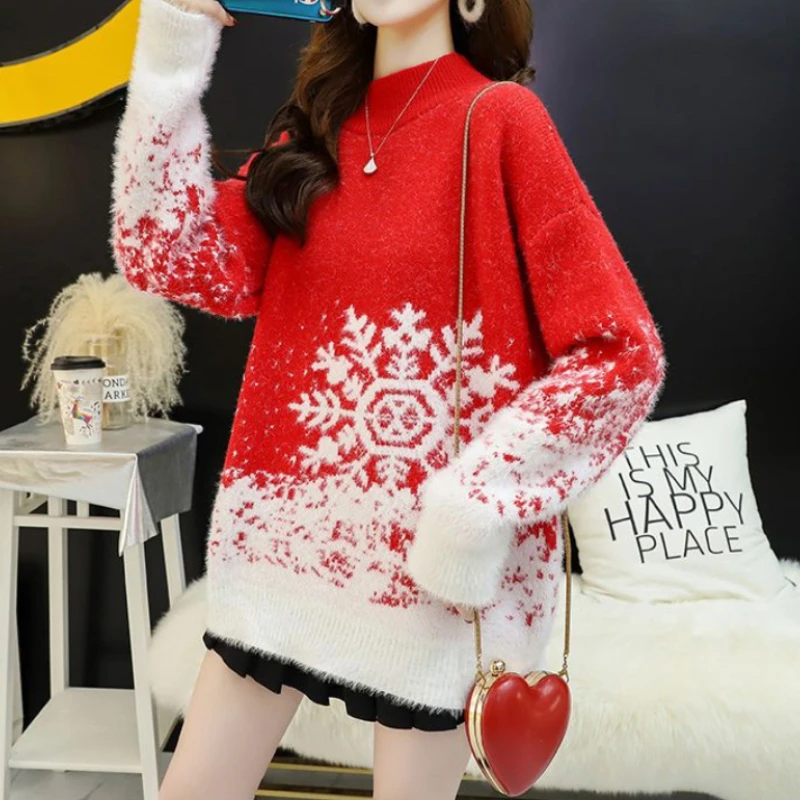 Snowflake Christmas Loose Red Knited Sweater Round Neck Long Sleeve Casual Sweater Korean Style Fashion Sweater for Female 2022 
Snowflake Christmas Loose Red Knited Sweater Round Neck Long Sleeve Casual Sweater Korean Style Fashion Sweater for Female 2022