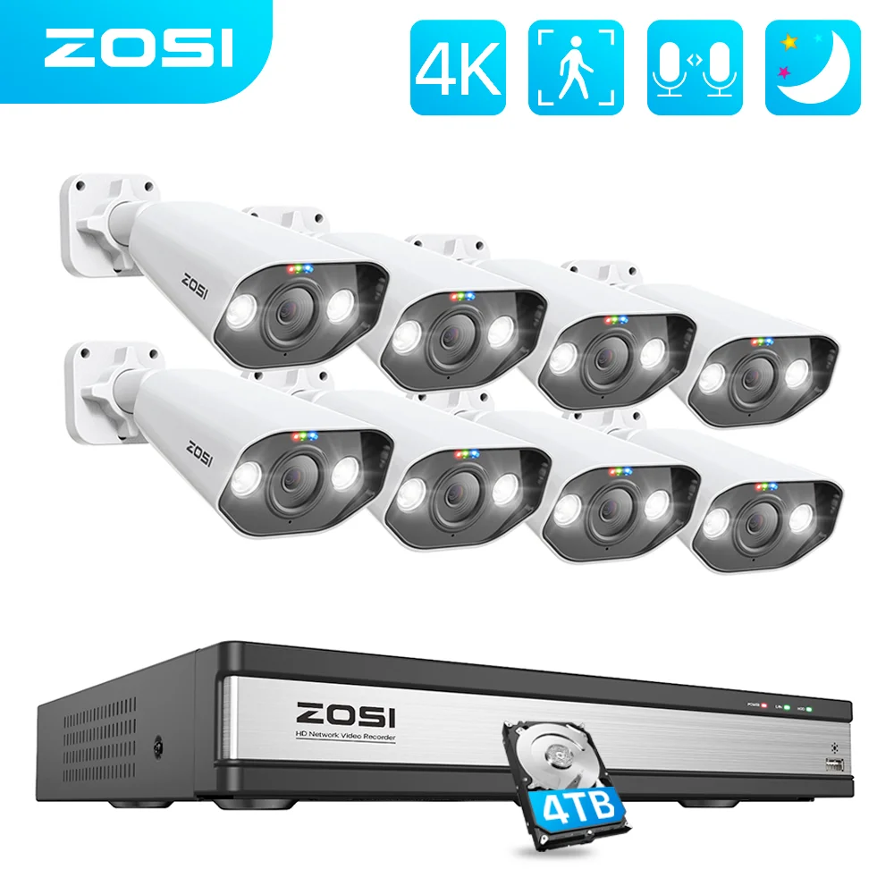 

ZOSI 16CH 8MP 5MP POE Security Surveillance Camera System Kit AI Human Detection 2 Way Audio 4K IP Camera CCTV Video NVR Set