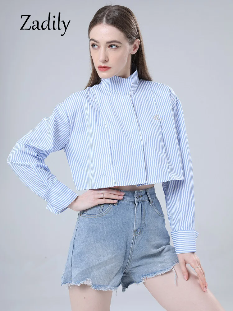 2023 Summer Streetwear Long Sleeve Striped Crop Shirt Korea Style Button Up Stand Neck Embroidery Ladies Blouse Clothing
2023 Summer Streetwear Long Sleeve Striped Crop Shirt Korea Style Button Up Stand Neck Embroidery Ladies Blouse Clothing