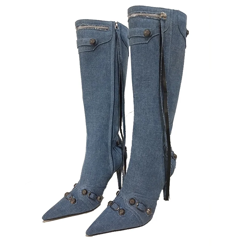 2023 Autumn Luxury Brand Denim Fashion Women's Boots Thin Heel Pointed Toe Zipper Riveted Shoes Knee Length Long Boots Big Size
2023 Autumn Luxury Brand Denim Fashion Women's Boots Thin Heel Pointed Toe Zipper Riveted Shoes Knee Length Long Boots Big Size