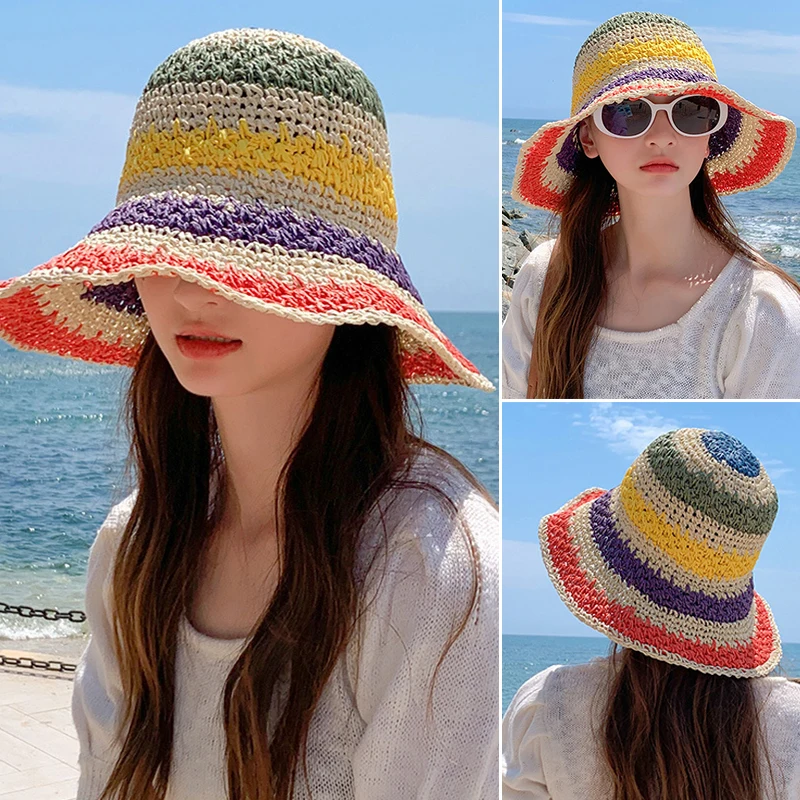 Women Rainbow Striped Crochet Cap Beach Hat Fashion Handmade Straw Sun Hats Sun Hat Bucket Hats Sun Protection
Women Rainbow Striped Crochet Cap Beach Hat Fashion Handmade Straw Sun Hats Sun Hat Bucket Hats Sun Protection
