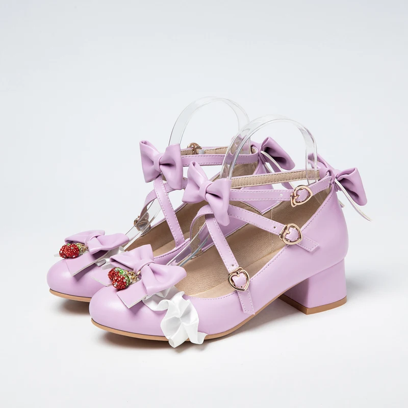 

Sweet Lolita Princess Mary Janes Shoes Bowtie Ruffles Cross Tied Strappy Cosplay Uniform Pumps Women Wedding Party Girls