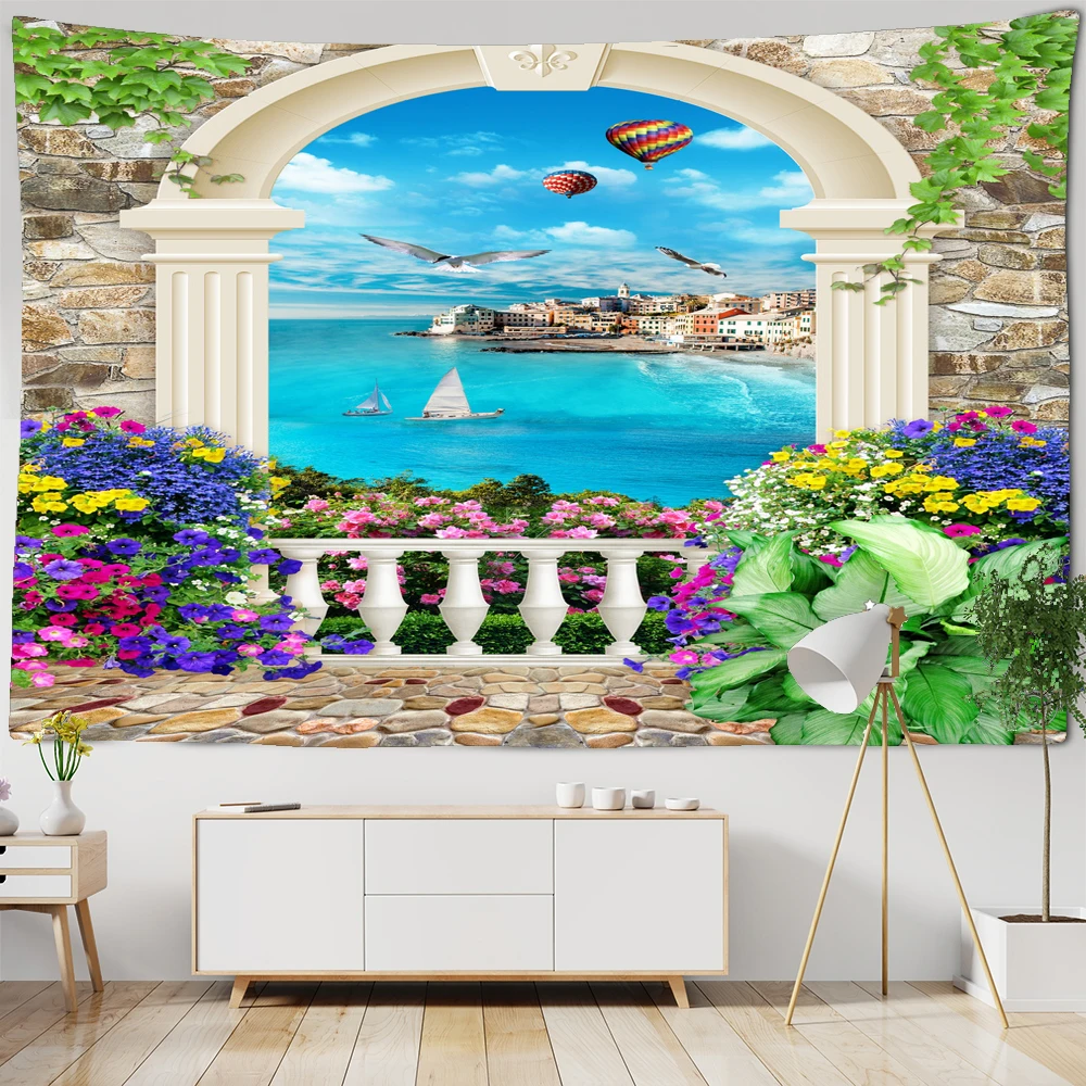 

Beach Seaside Printed Wall Tapestry 3D Island Flower Landscape Tapestry Arch Window Hanging Wall Rug Carpet Hippie Couch Blanket