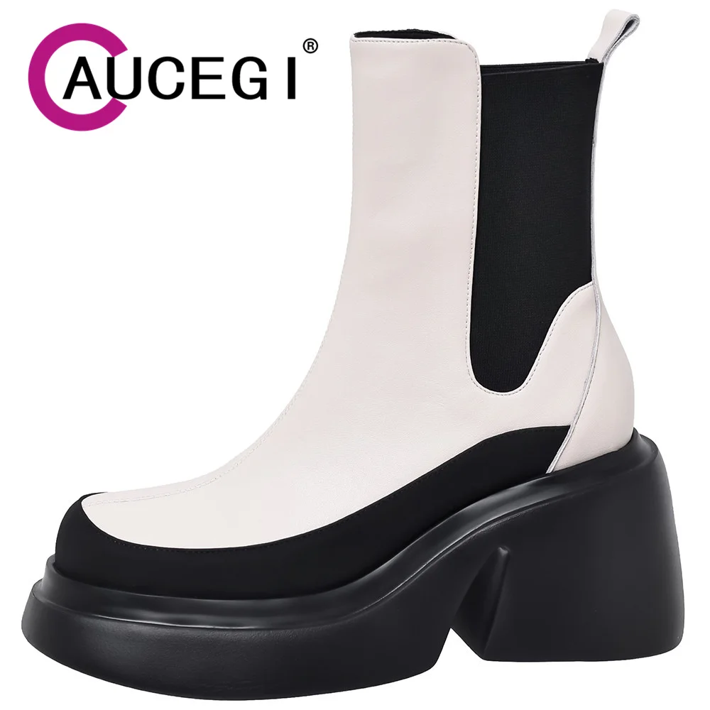 

Женские ботильоны челси Aucegi, модные повседневные ботинки из натуральной кожи с круглым носком, на платформе и массивном каблуке, 2023