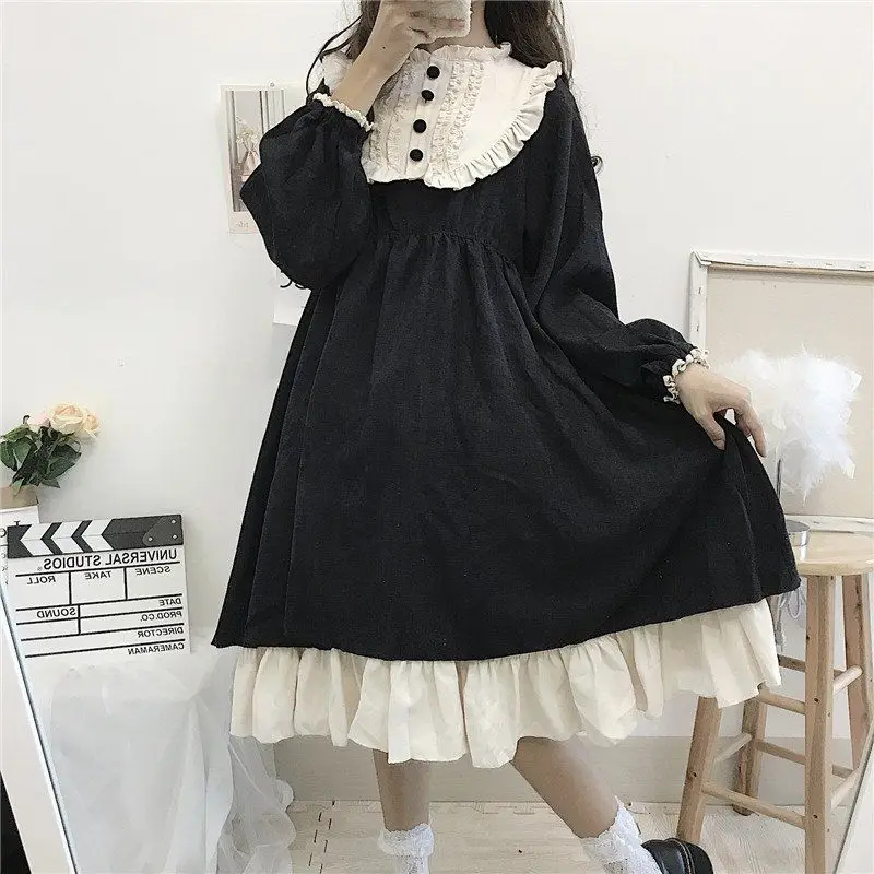 Japanese Lolita Style Women's Dresses Spring Autumn O-Neck High Waist Slimming Contrast-Color Ruffled Sweet Dress Kawaii Clothes
Japanese Lolita Style Women's Dresses Spring Autumn O-Neck High Waist Slimming Contrast-Color Ruffled Sweet Dress Kawaii Clothes