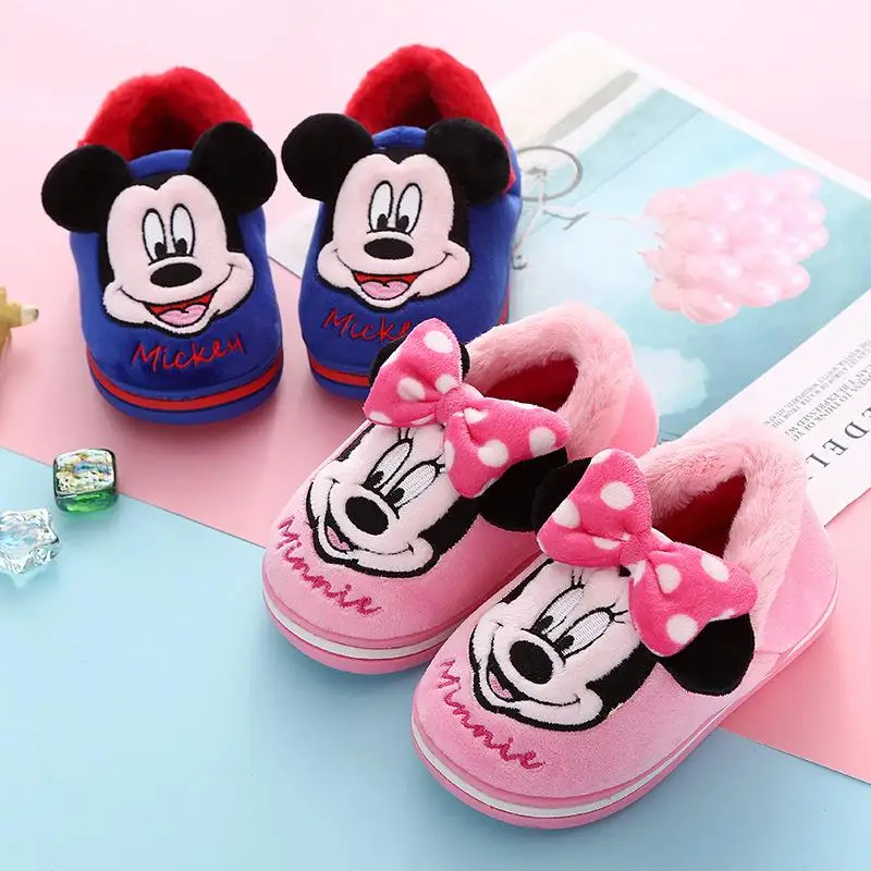 

Cartoon Disney Mickey Mouse Minnie Children Cotton Slippers Boys Girls Kawaii Indoor Home Winter Anti-Skid Thickening Warm Shoes