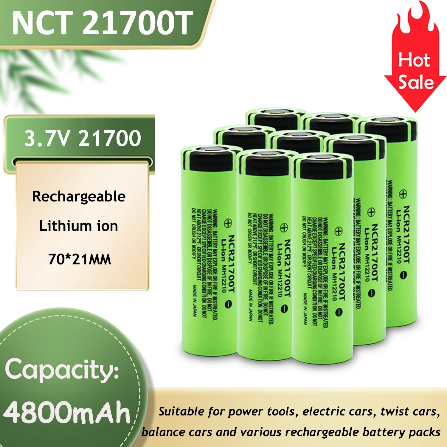 NCR21700T 21700 3.7V 4800mAh 30A Rechargeable Lithium Battery for High-power Flashlight Power Bank Electric Car
NCR21700T 21700 3.7V 4800mAh 30A Rechargeable Lithium Battery for High-power Flashlight Power Bank Electric Car
