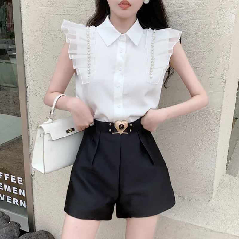 Summer 2 Piece Set Women Fashion Diamond Ruffles Sleeveless Chiffon Shirts and High Waist Shorts Sweet Outfits 2022 New Clothing
Summer 2 Piece Set Women Fashion Diamond Ruffles Sleeveless Chiffon Shirts and High Waist Shorts Sweet Outfits 2022 New Clothing