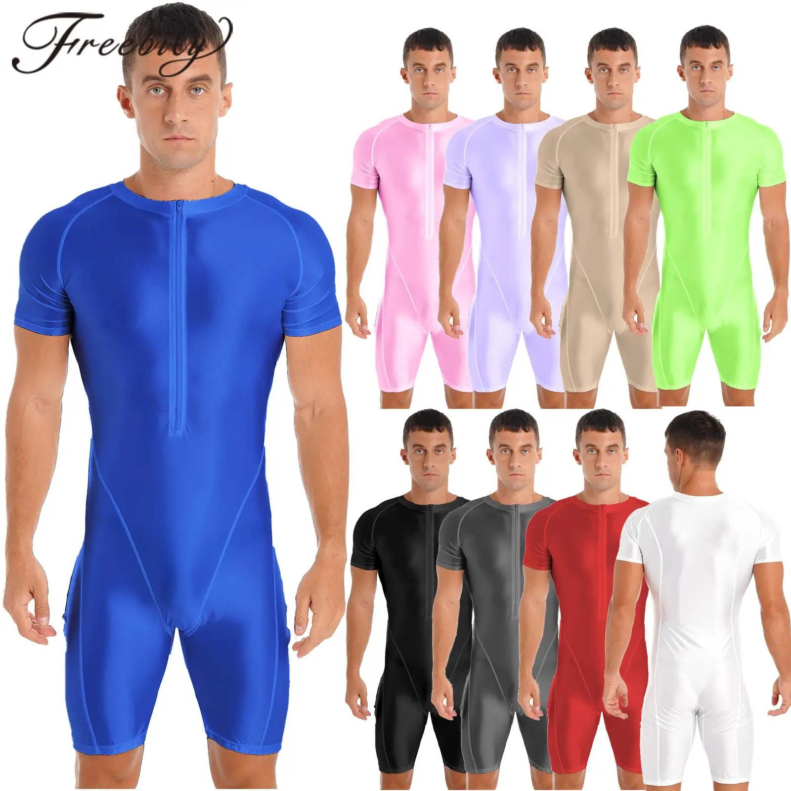 

Mens Glossy Swimwear Short Sleeve Zipper Jumpsuit Bodysuit for Sport Running Yoga Gymnastics Unitard Leotard Hommes Swimsuits