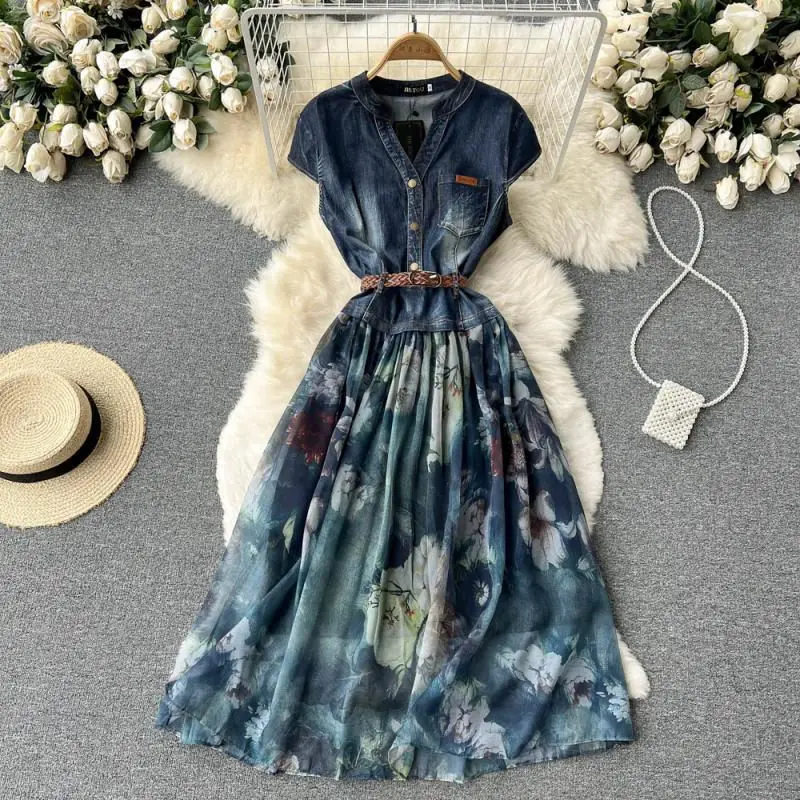 Temperament V-Neck Strapping Waist Denim Stitching Chiffon Print Dress Elegant Long Fake Two Piece Female Floral Jeans Vestidos
Temperament V-Neck Strapping Waist Denim Stitching Chiffon Print Dress Elegant Long Fake Two Piece Female Floral Jeans Vestidos