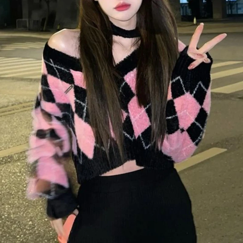 Y2k Autumn Winter Pull Femme Argyle Contrast Color Vintage Sexy Women Sweaters V Neck Loose Short Fashion Pullovers
Y2k Autumn Winter Pull Femme Argyle Contrast Color Vintage Sexy Women Sweaters V Neck Loose Short Fashion Pullovers