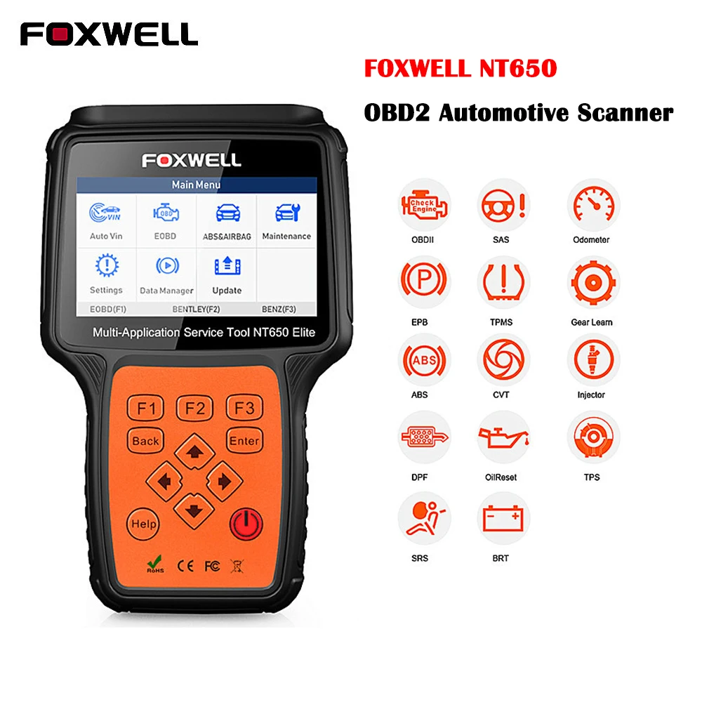 FOXWELL NT650 Elite OBD2 Automotive Scanner ABS A/F SAS BRT DPF 26 Reset Professional OBD Auto Car Diagnostic Tool Free Update
FOXWELL NT650 Elite OBD2 Automotive Scanner ABS A/F SAS BRT DPF 26 Reset Professional OBD Auto Car Diagnostic Tool Free Update