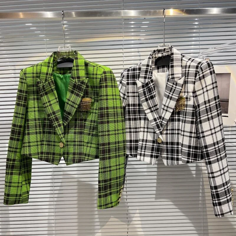 Metal Brooch Vintage Plaid Crop Blazer Gray Green Spring Summer Women Short Coat
Metal Brooch Vintage Plaid Crop Blazer Gray Green Spring Summer Women Short Coat