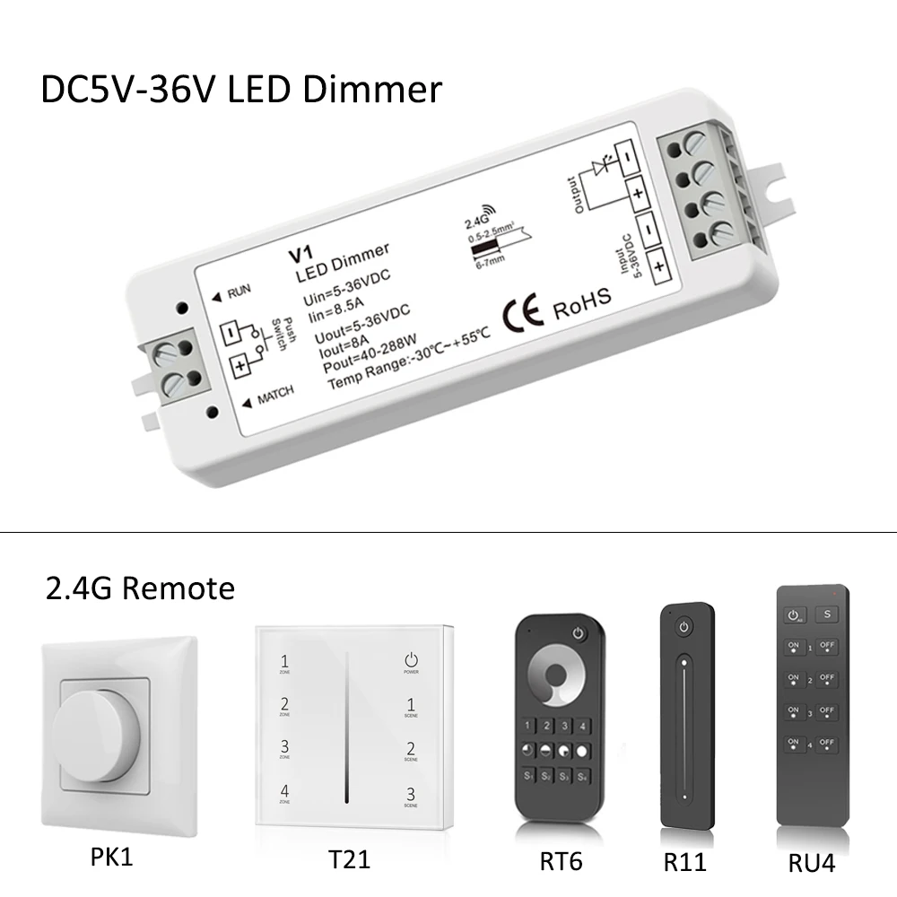 2.4G PWM LED Dimmer 24V 12V 5V 36V 288W RF Wireless Brightness Touch Remote Control for 5050/2835/5630 Single Color Strip Light
2.4G PWM LED Dimmer 24V 12V 5V 36V 288W RF Wireless Brightness Touch Remote Control for 5050/2835/5630 Single Color Strip Light