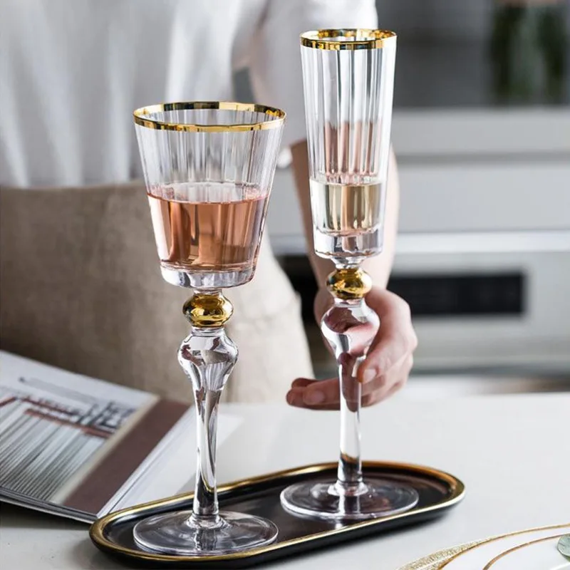 

European Ripple Gold Glass Cup Red Wine Glass High Quality Goblet Champagne Cup Palace Restaurant Family Crystal Wine Drinkware