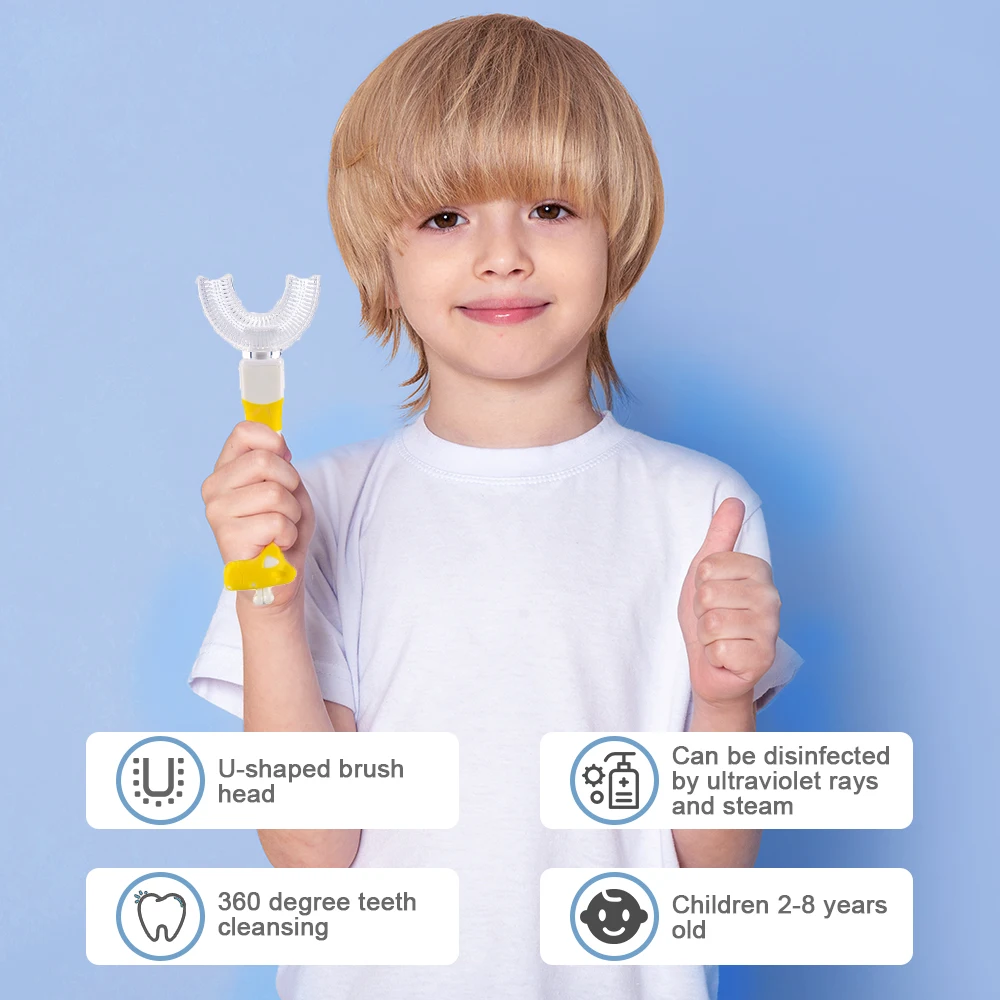 

Детская U-образная зубная щетка, детская зубная щетка для ухода за полостью рта, щетка для чистки с мягкой щетиной и силиконовым прорезывате...