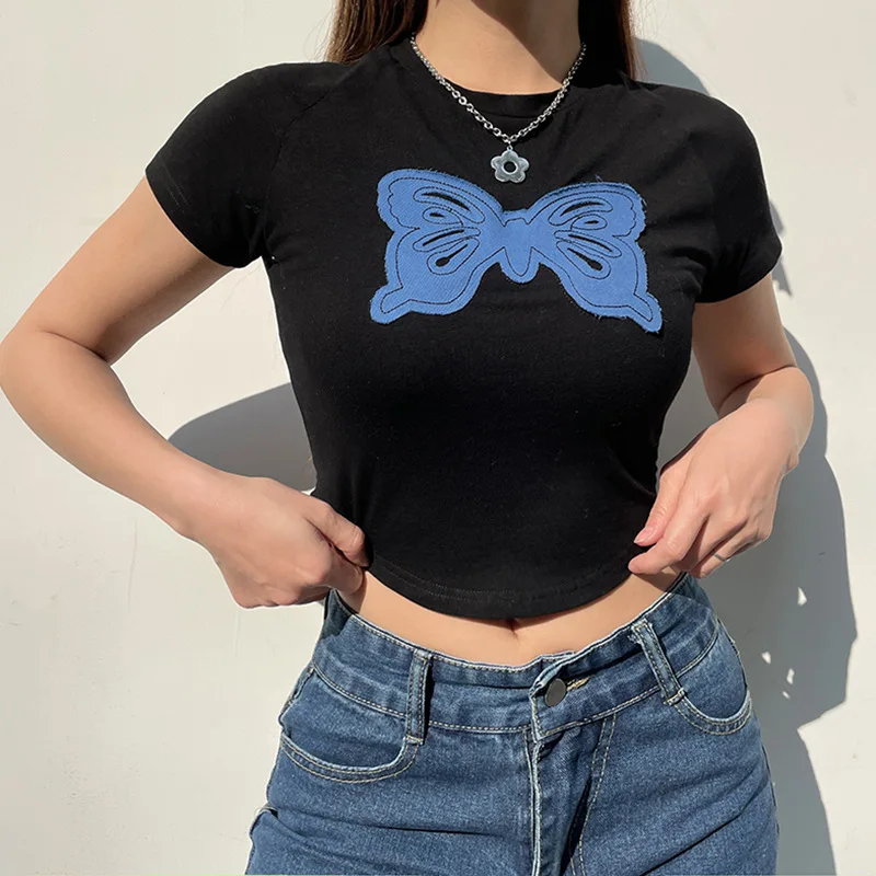 Crop T Shirt Girls Summer Style Short Sleeve Tops Black Color Blue Bow Patchwork Ladies Streetwear Tshirt Slim Fit Y2k Clothing
Crop T Shirt Girls Summer Style Short Sleeve Tops Black Color Blue Bow Patchwork Ladies Streetwear Tshirt Slim Fit Y2k Clothing