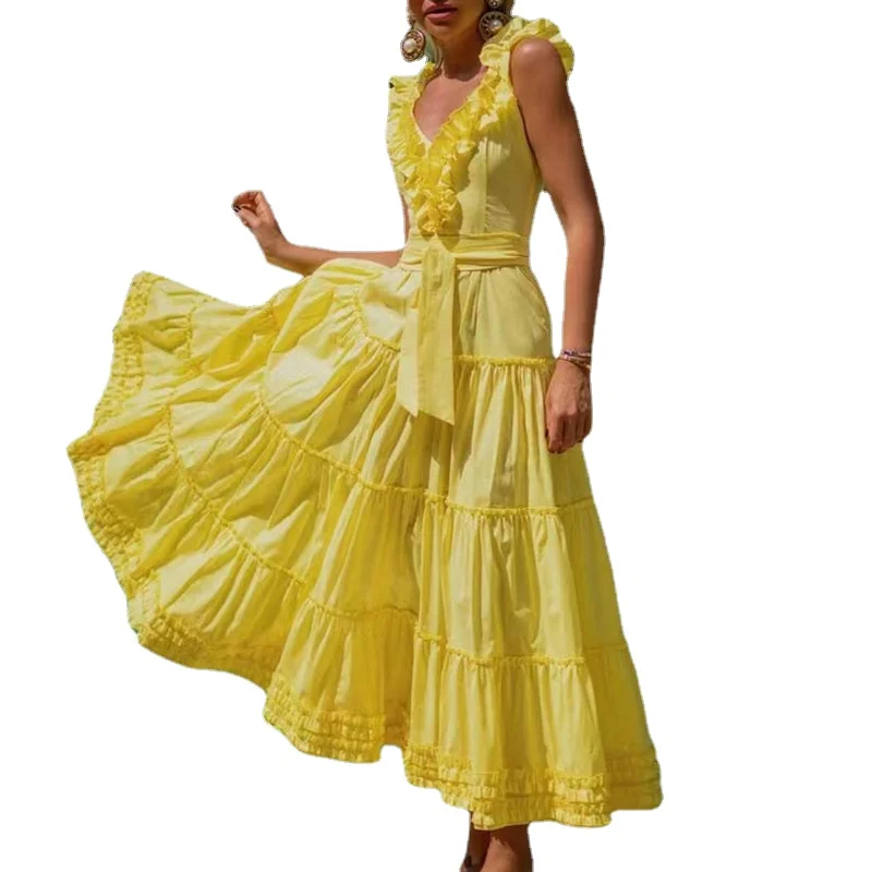 Seaside Holiday Style Ruffled Dress 2022 Autumn New Fashion V-neck Sleeveless Lace Decorative Dress Female Fit and Flare Dress
Seaside Holiday Style Ruffled Dress 2022 Autumn New Fashion V-neck Sleeveless Lace Decorative Dress Female Fit and Flare Dress