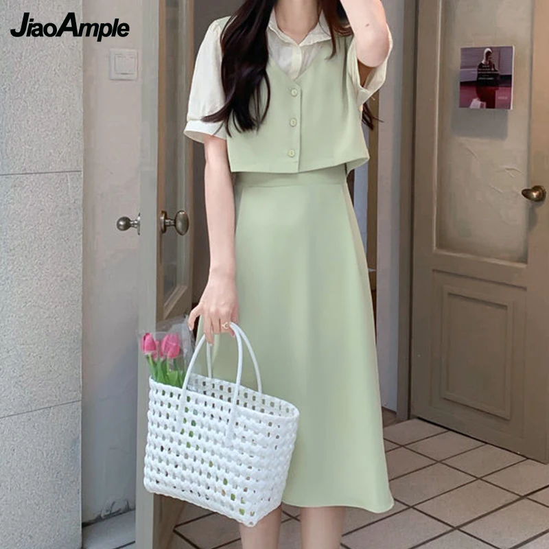 2022 Summer French Graceful Fake Two Piece Midi Dress Women's Korean Sweet Green Shirt Patchwork Dresses Lady Student Clothing
2022 Summer French Graceful Fake Two Piece Midi Dress Women's Korean Sweet Green Shirt Patchwork Dresses Lady Student Clothing