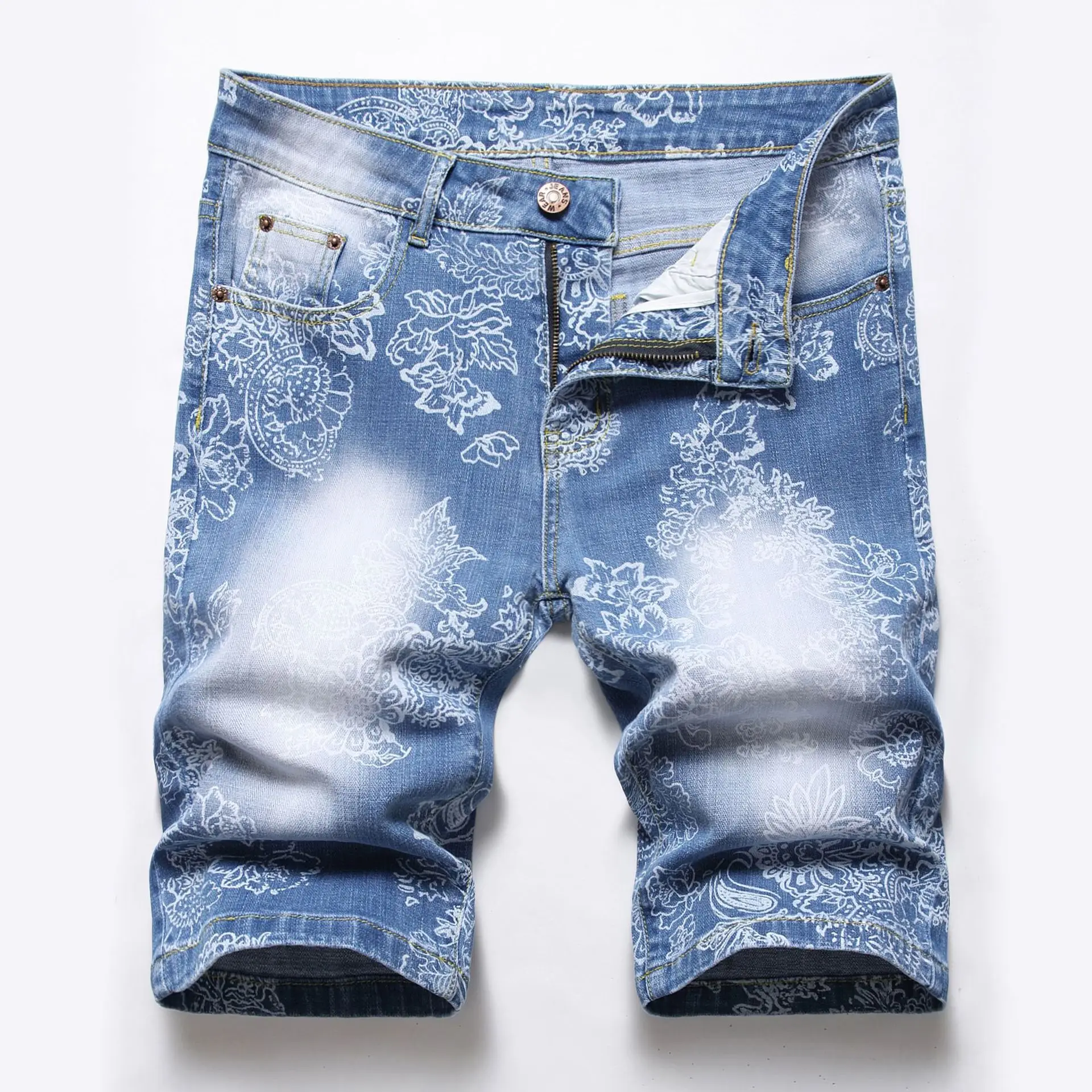 Mens Jeans Fashion Elastic Printing Personalized Denim Pants Summer Knee Length Mens Street Wear Shorts Denim Jeans
Mens Jeans Fashion Elastic Printing Personalized Denim Pants Summer Knee Length Mens Street Wear Shorts Denim Jeans