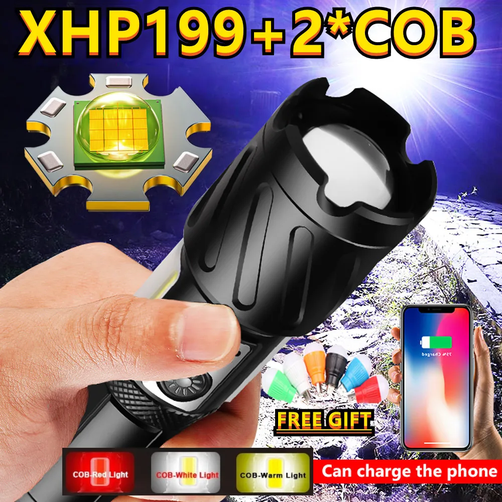 2000000LM Powerful Led Flashlight XHP199 High Power Torch Lights XHP120 Rechargeable Tactical Flash Light 18650 Usb Camping Lamp
2000000LM Powerful Led Flashlight XHP199 High Power Torch Lights XHP120 Rechargeable Tactical Flash Light 18650 Usb Camping Lamp