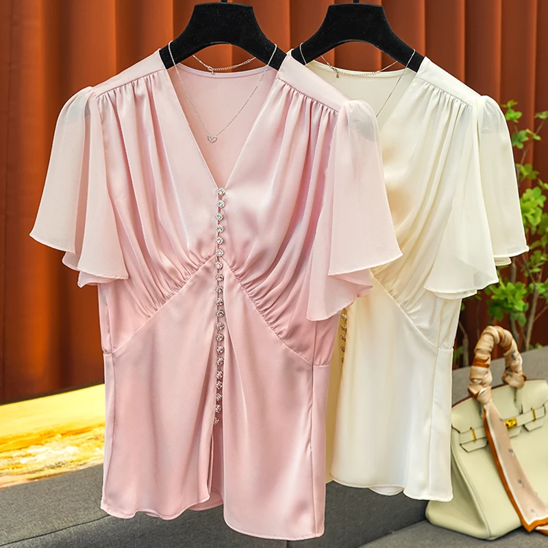 Sexy Fashion V-neck Single Drain Drill Buckle Fly Fly Sleeve Wrinkled Slim Top Female Summer 2023 New Commuter Temperament Solid
Sexy Fashion V-neck Single Drain Drill Buckle Fly Fly Sleeve Wrinkled Slim Top Female Summer 2023 New Commuter Temperament Solid
