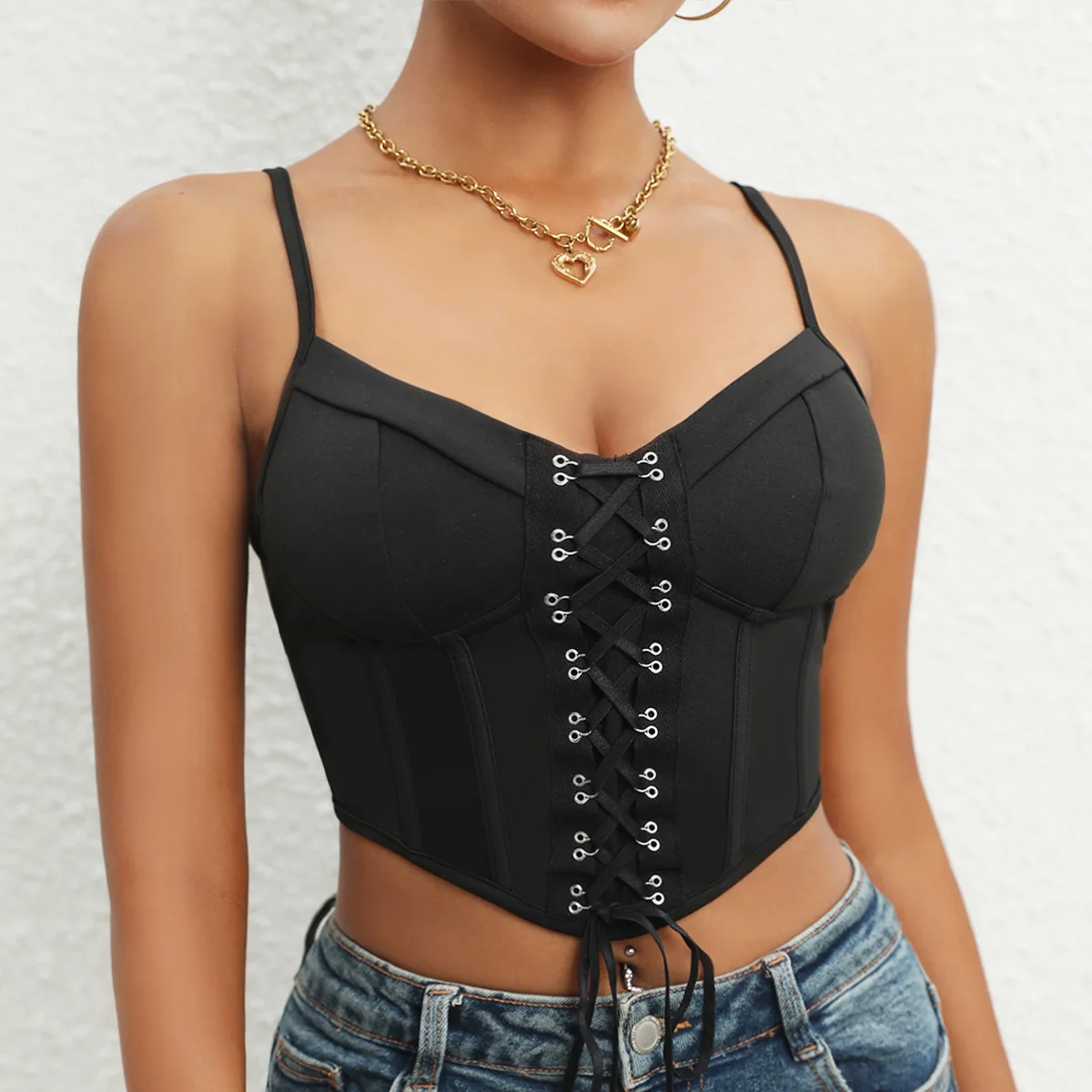 

Fashion Hot Girl Lace Up Crop Cami Tops Sleeveless Spaghetti Strap Corset Bustier Camisole Lingerie Crop Tops Party Nightclub