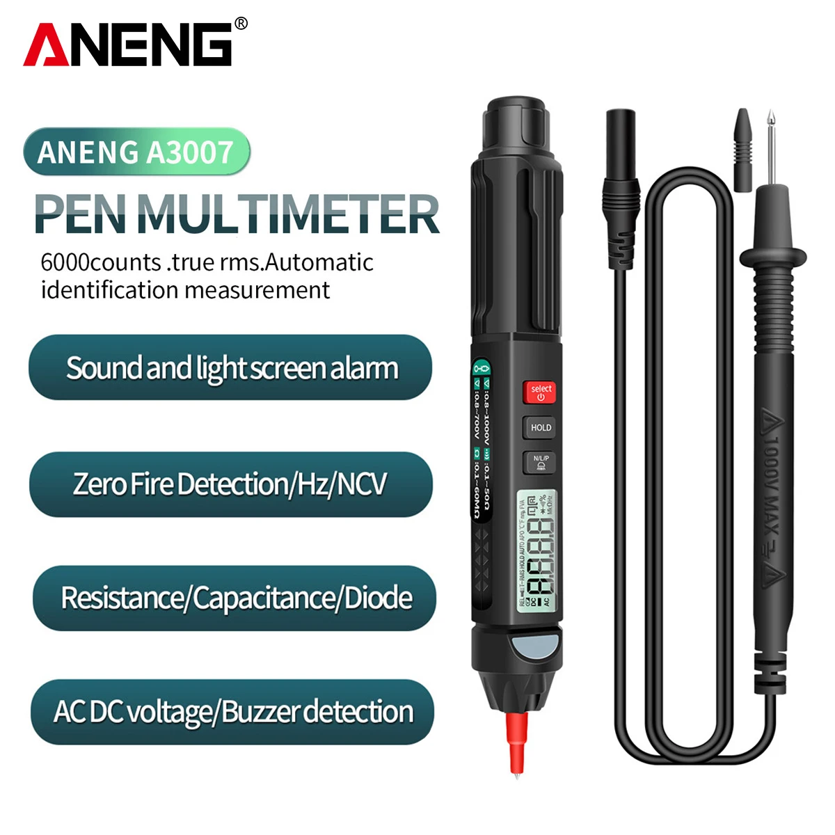 ANENG A3007 6000 Count Digital Professional Multimeter Pen AC/DC Voltage Meter Zero Fire Detector Capacitance Diode Ohm Tester
ANENG A3007 6000 Count Digital Professional Multimeter Pen AC/DC Voltage Meter Zero Fire Detector Capacitance Diode Ohm Tester