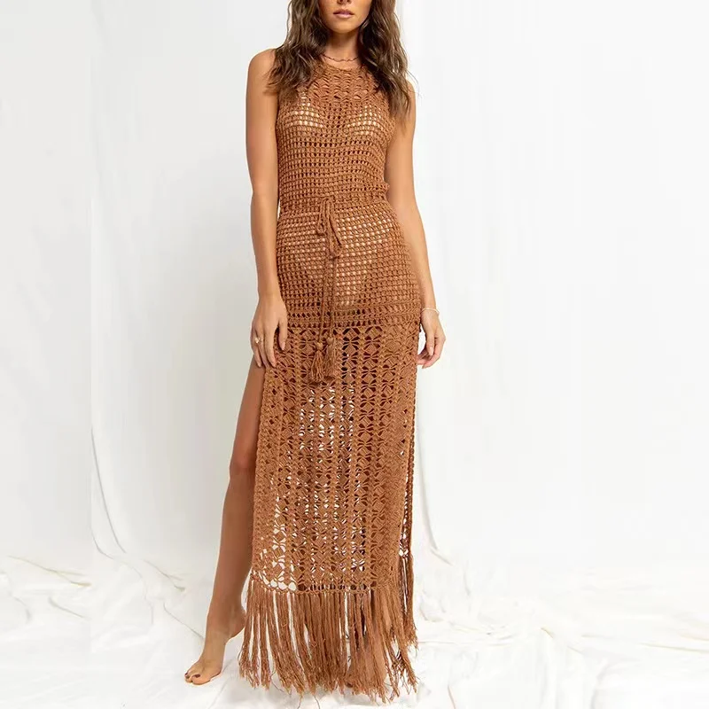 

2023 Sexy Hollow Out Fringe Tassel Knitted Crochet Beach Dress Women Beach Cover Ups For Swimwear Female Kimono Swimsuit Dress