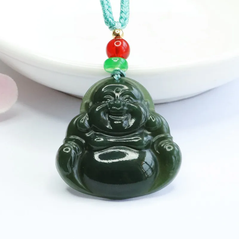 

Mai Chuang/Hand Carved/Natural Hetian Cyan Jade Laughing Buddha Necklace Pendant Fine Jewelry Accessories Men Women Couples Gift