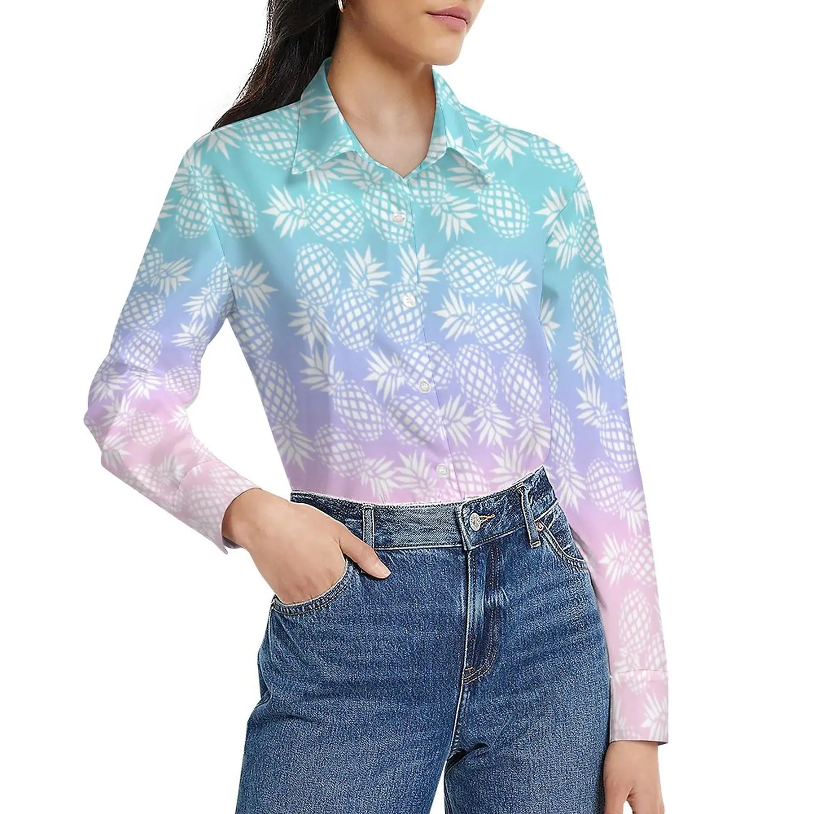 

Funny Pineapple Blouse Pink Blue Ombre Print Vintage Blouses Women Long-Sleeve Korean Fashion Shirts Autumn Oversized Clothes
