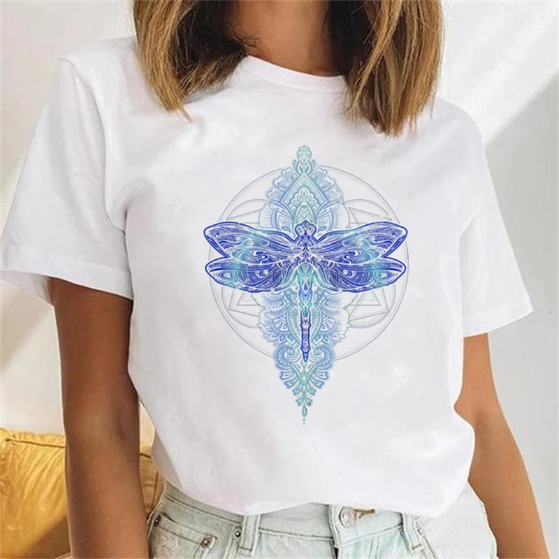 

Hand drawn muticolor Ornate amulet dragonfly Casual Ladies Fashion Female Graphic Tee Women Print Summer T Clothing T-shirts