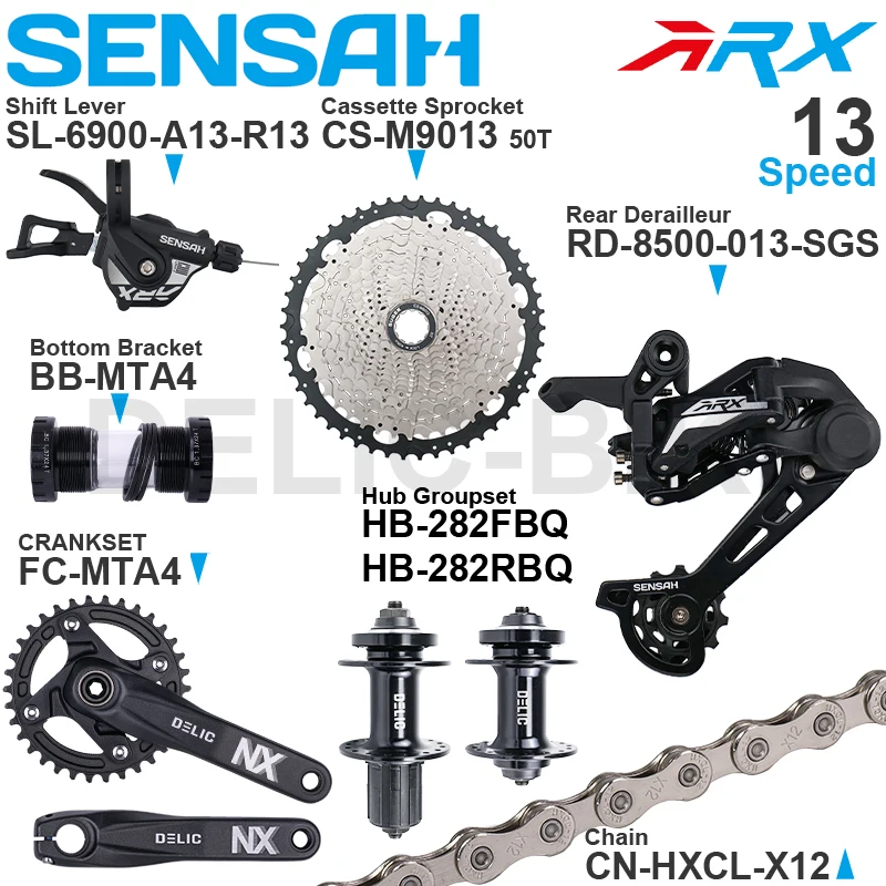 SENSAH ARX 13 speed MTB Groupset Right Shifter Rear Derailleur and SUGEK Cassette Sprocket 50T 52T and X12 Chain Crankset BB HUB
SENSAH ARX 13 speed MTB Groupset Right Shifter Rear Derailleur and SUGEK Cassette Sprocket 50T 52T and X12 Chain Crankset BB HUB