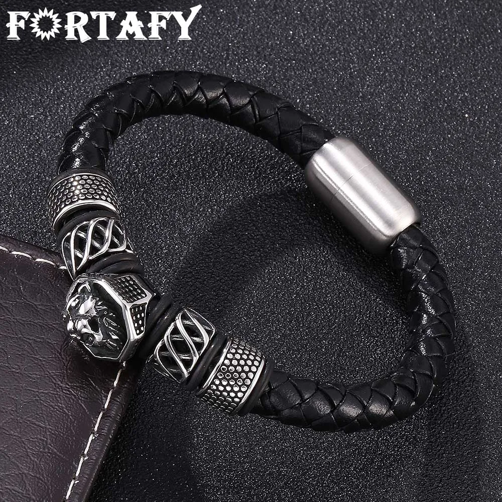 

FORTAFY Male Black Braided Leather Lion Bracelet Men Stainless Steel Magnetic Clasp Punk Wristband Vintage Bangle FR0077