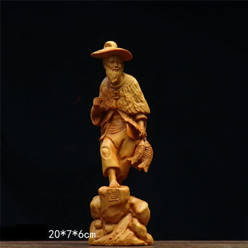 

XS671 - 20 CM Tall Boxwood Fisherman Sculpture Living Hardworking Elder Man Wood Statue Living Room Ornaments