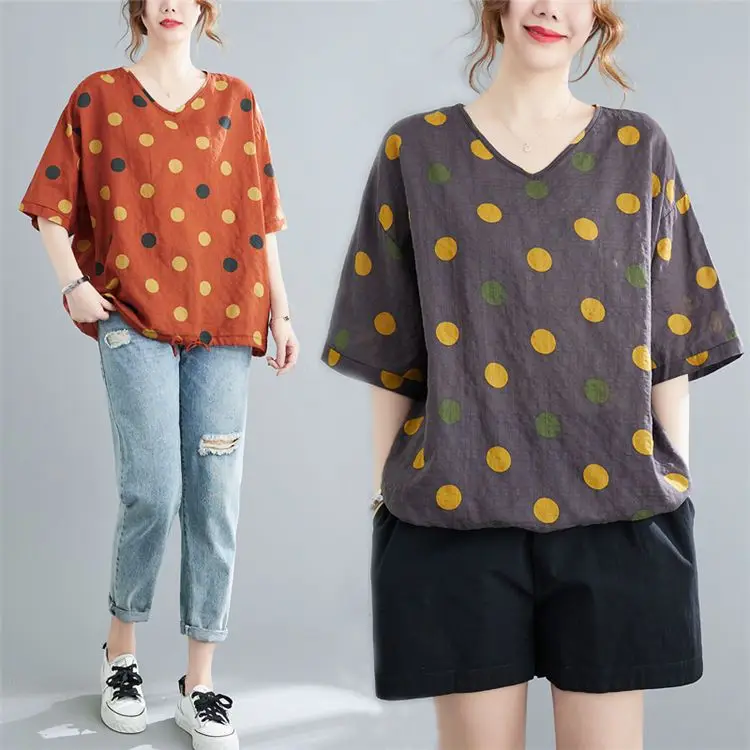 2023 Fashion Dot Printed Cotton Linen Shirt Casual Summer Women V-neck Short Sleeve Pullover Tops Elegant Street Blouses Q224
2023 Fashion Dot Printed Cotton Linen Shirt Casual Summer Women V-neck Short Sleeve Pullover Tops Elegant Street Blouses Q224