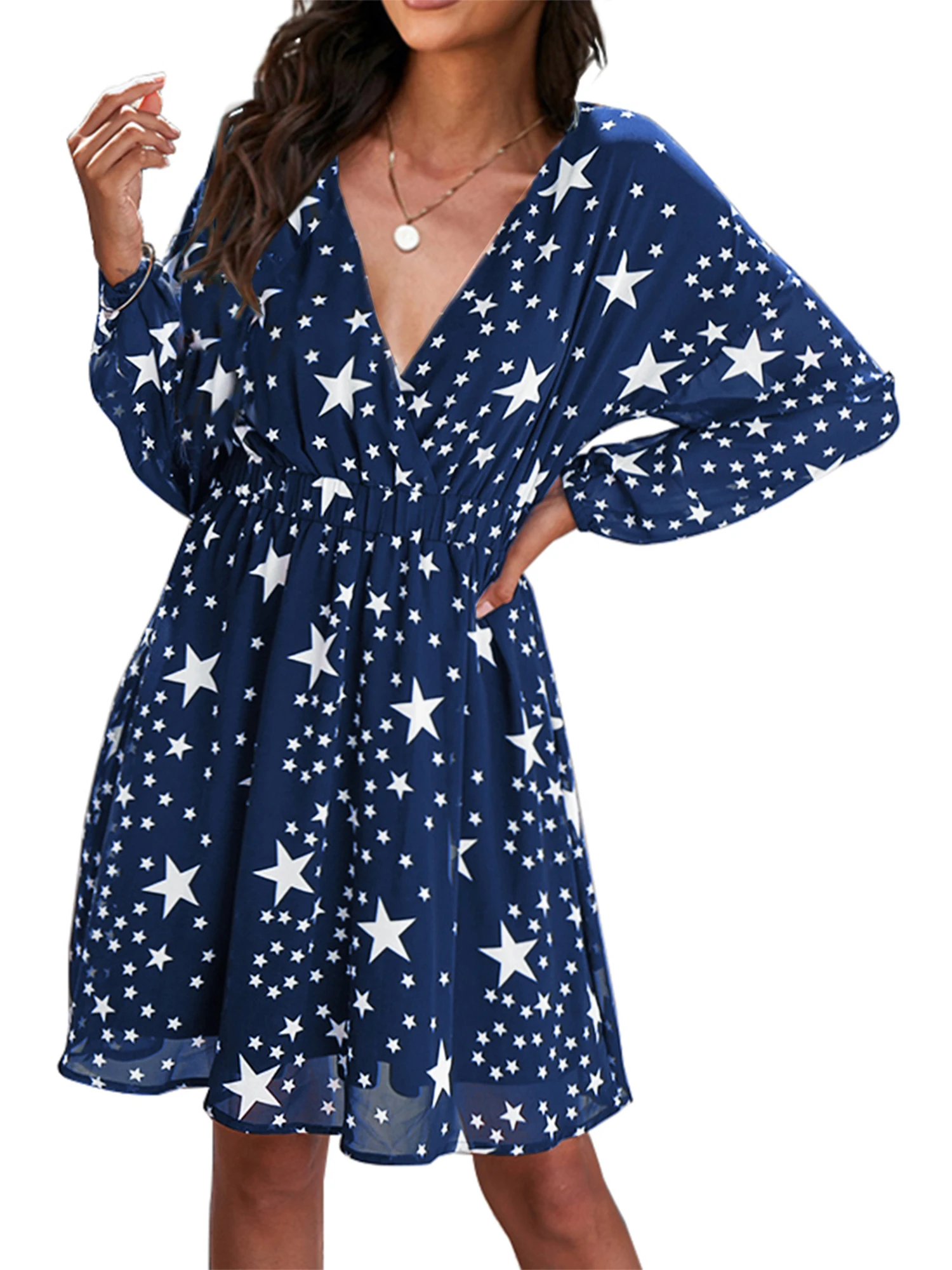 Women Long Sleeve Mini Dress Deep V Neck Cute Short Dress Star Print Elastic Waist Tunic Knee-Length Dress
Women Long Sleeve Mini Dress Deep V Neck Cute Short Dress Star Print Elastic Waist Tunic Knee-Length Dress