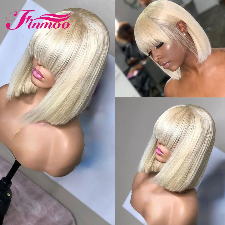 

180 Density Blonde Lace Front Wig Human Hair With Bangs Short Bob 13x4 13x6 Transparent 613 Lace Frontal Wigs Preplucked Hair