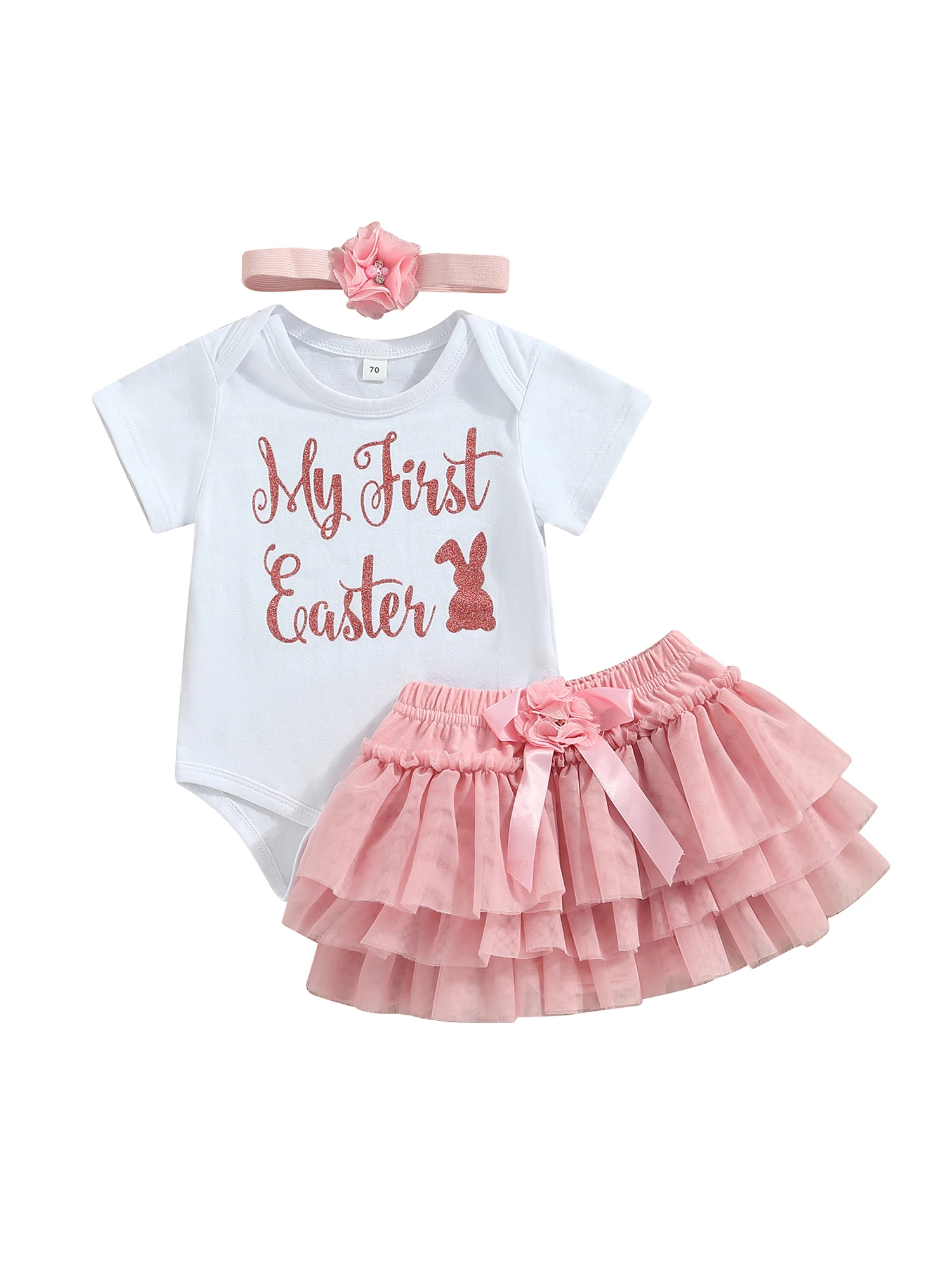 

Комплект одежды для новорожденных девочек, хлопковый комбинезон с принтом в виде кролика, сетчатая юбка с повязкой на голову, комплект из 3 предметов, для 0-18 месяцев, на лето