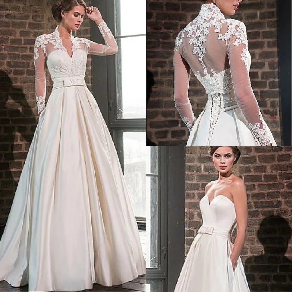 Charmingbridal 2022 Elegant A-line Satin Wedding Dresses with Jacket V Neck Lace Long Sleeve Bridal Gowns Marriage Dress 
Charmingbridal 2022 Elegant A-line Satin Wedding Dresses with Jacket V Neck Lace Long Sleeve Bridal Gowns Marriage Dress